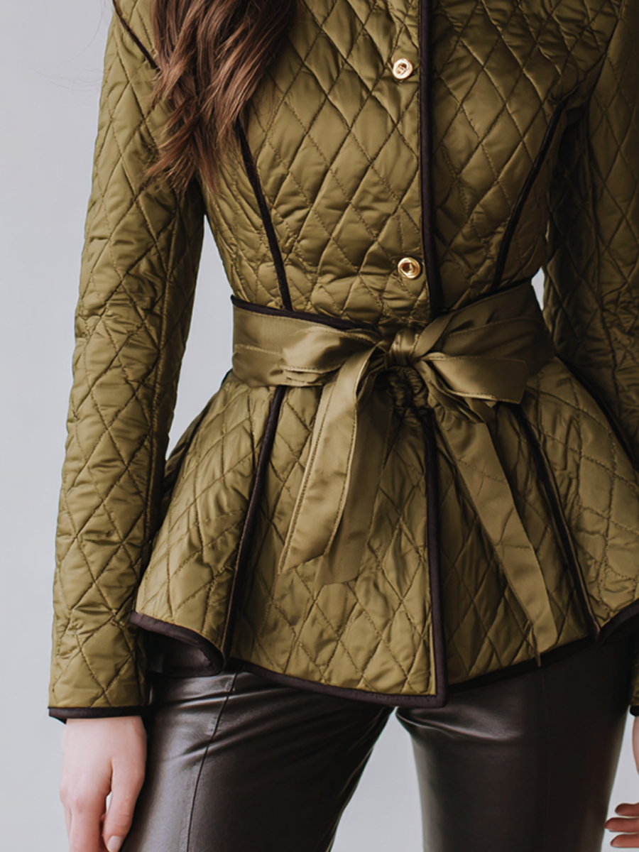 Retro Stand Collar Ruffle Hem Quilted Jacket