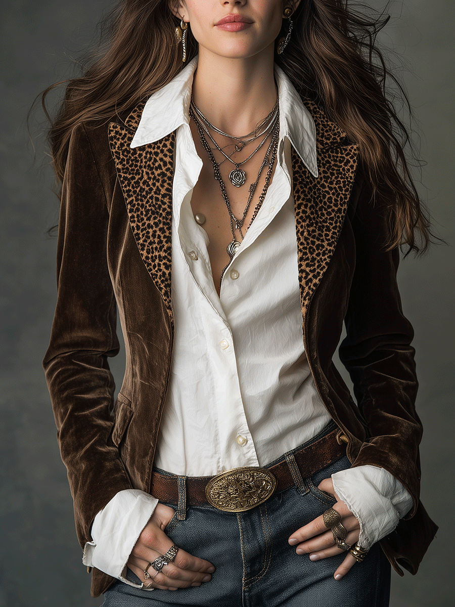 Boho Chocolate Velvet Leopard Lapel Blazer