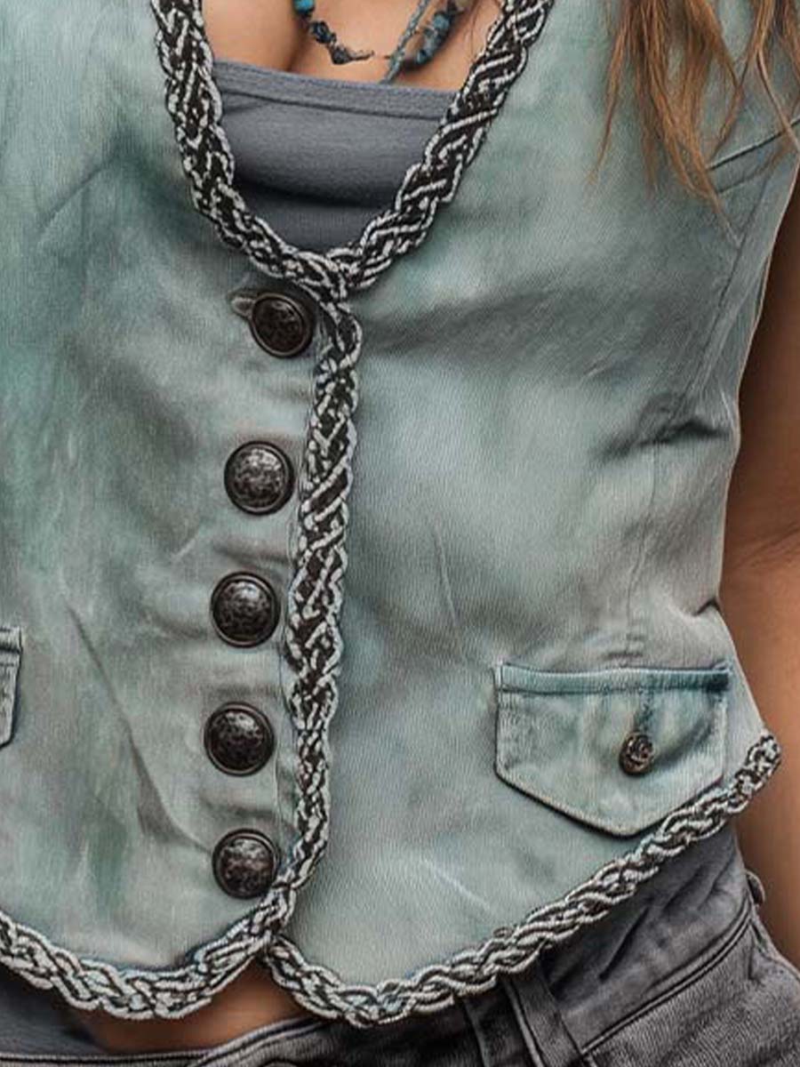 Vintage Washed Denim Mint Green Braided Trim Western Vest