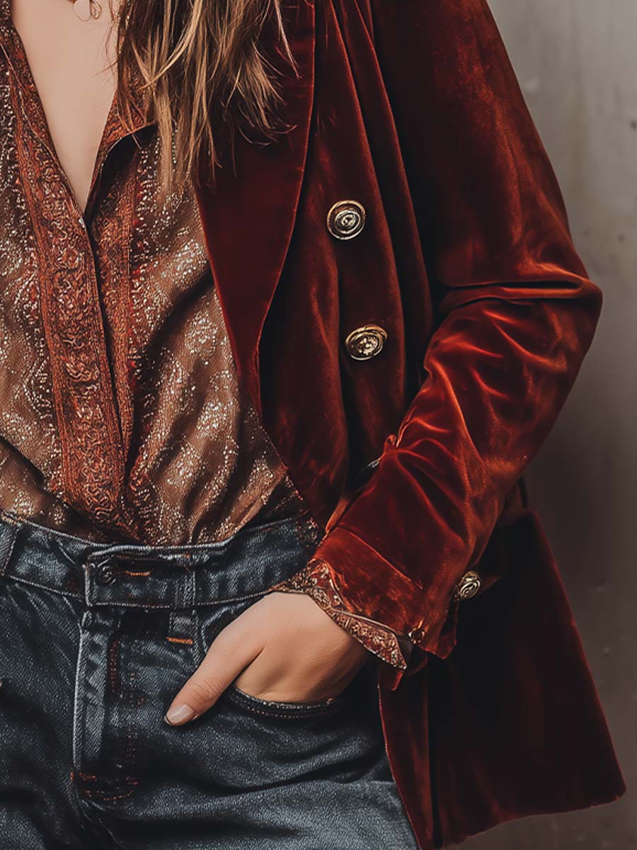 Retro Burnt Red Velvet Fitted Blazer