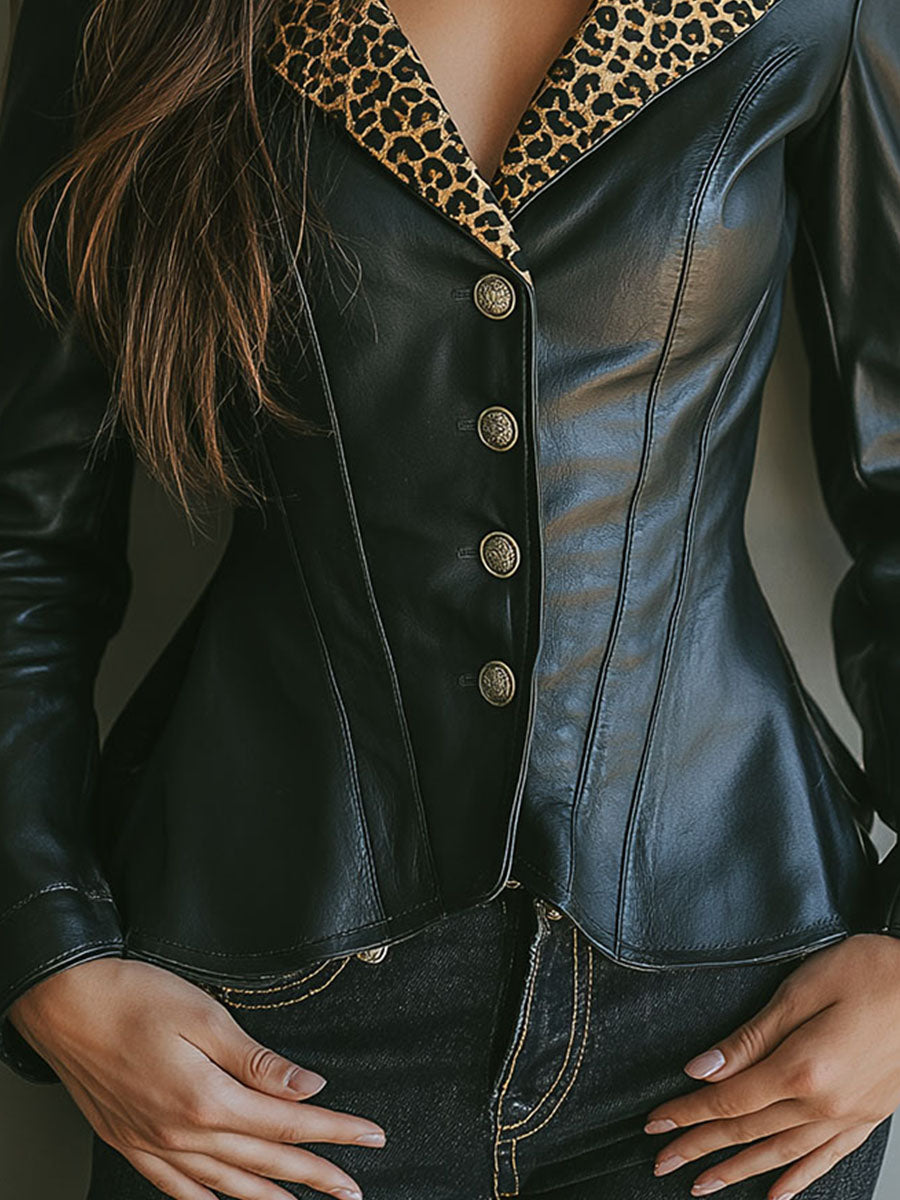 Chic Black Leopard Print Lapel Eco Leather Blazer