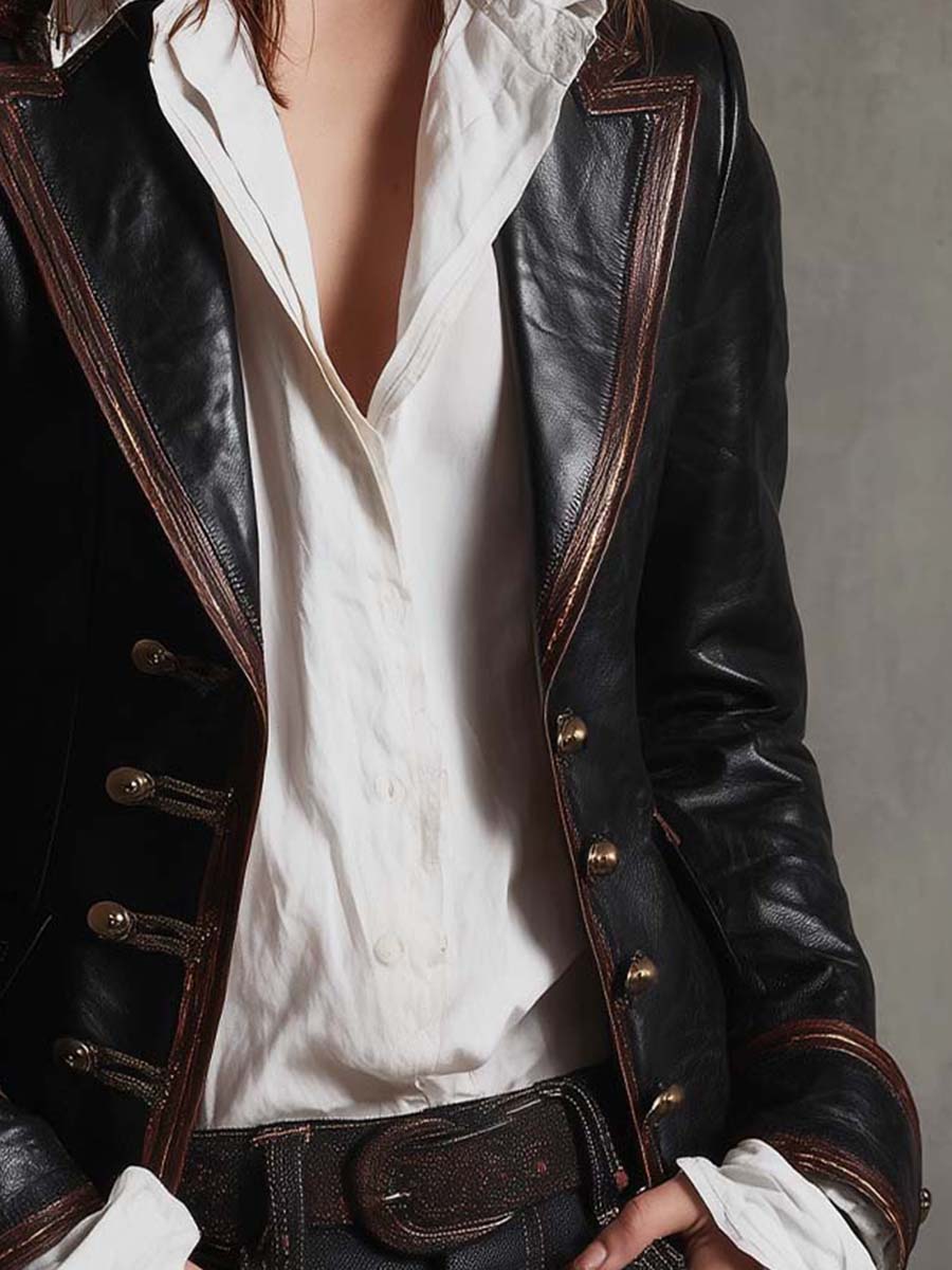 Black Eco-Leather Military-Inspired Blazer
