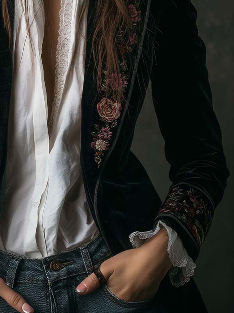 Vintage Floral Embroidered Velvet Blazer – Quiet Bohemian Luxury