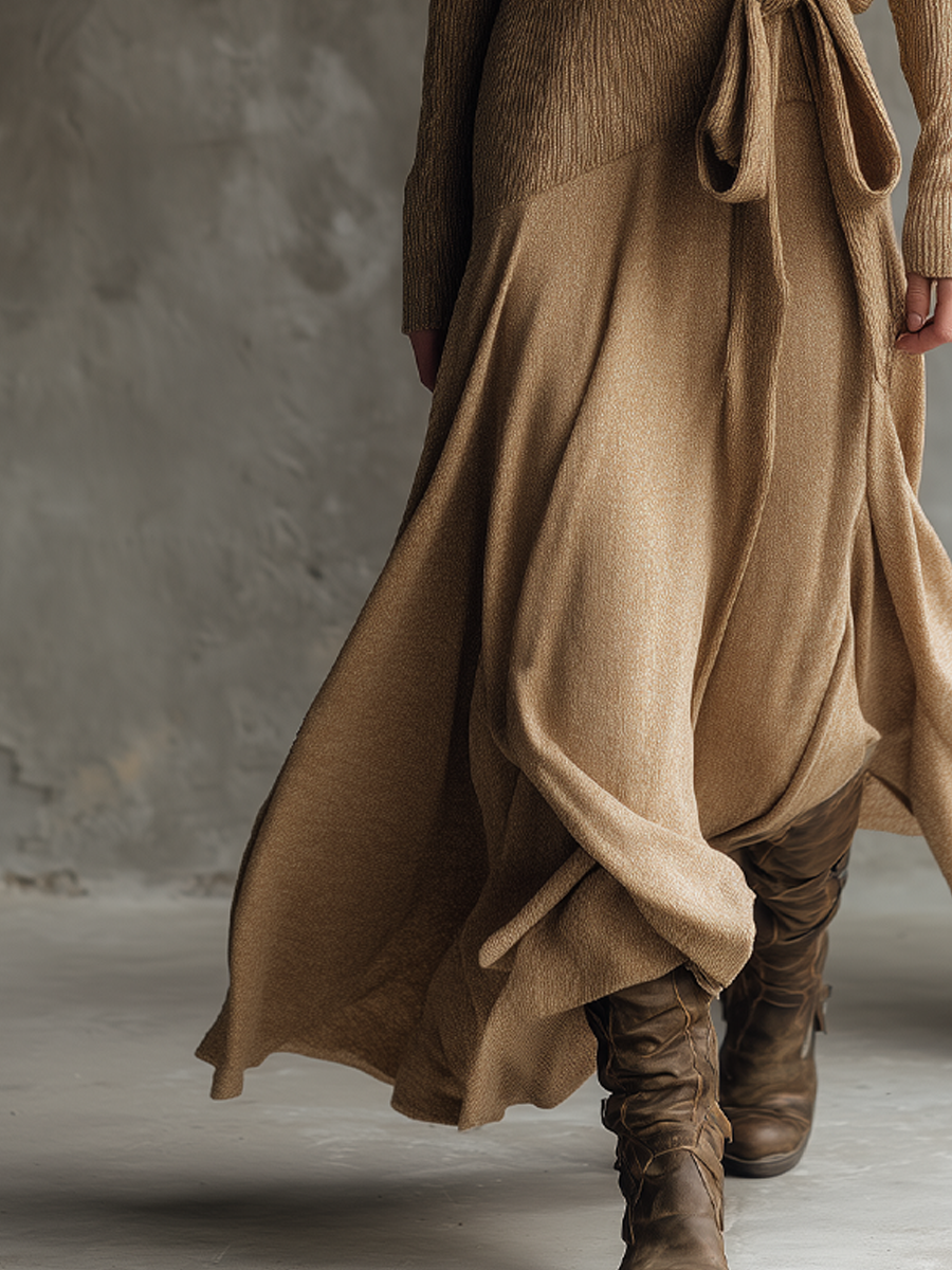 Retro Crossover Neck Knitted Mid-length Dress