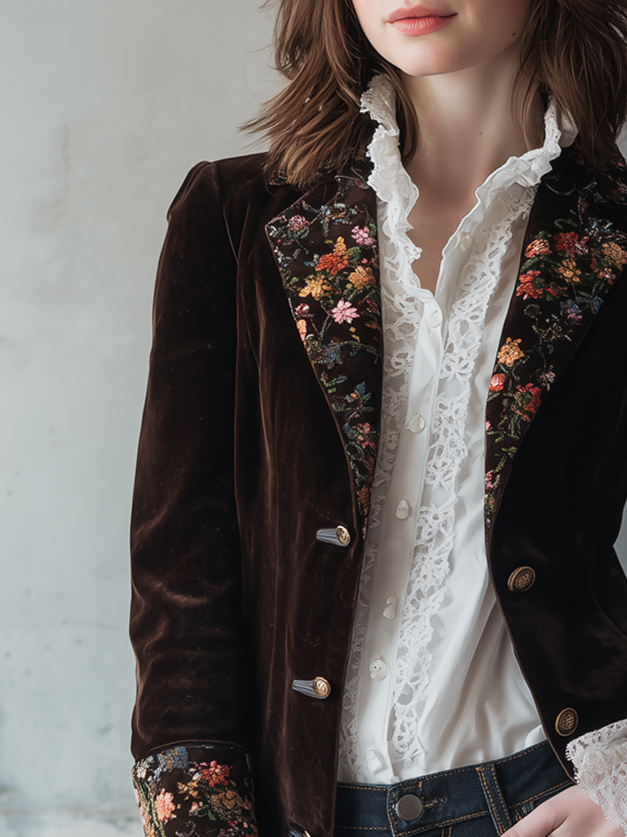Vintage Floral embroideried Poly-velvet Jacket