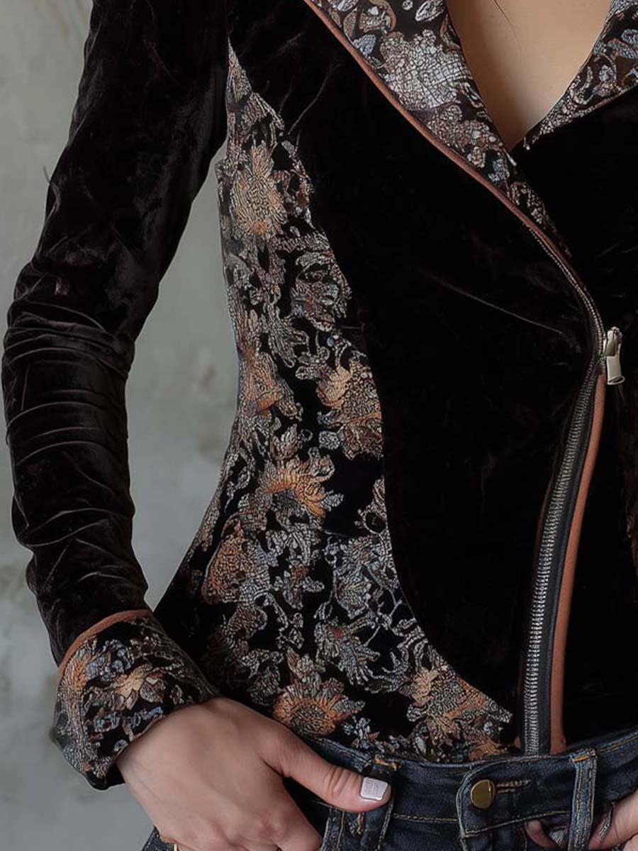 Vintage Floral Printed Velvet Jacket – Midnight Baroque Elegance
