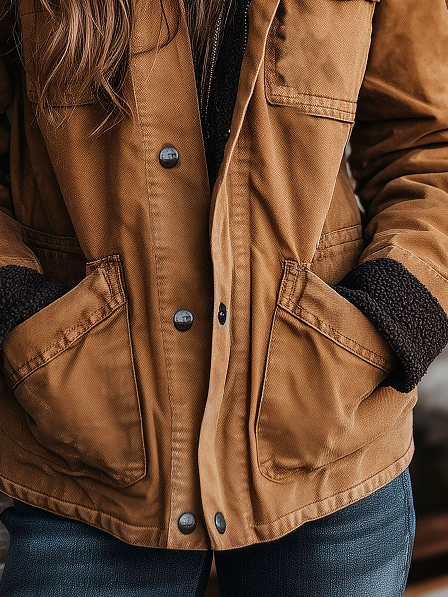 Camel Brown Warm Sherpa Inner Lining Canvas Utility Jacket