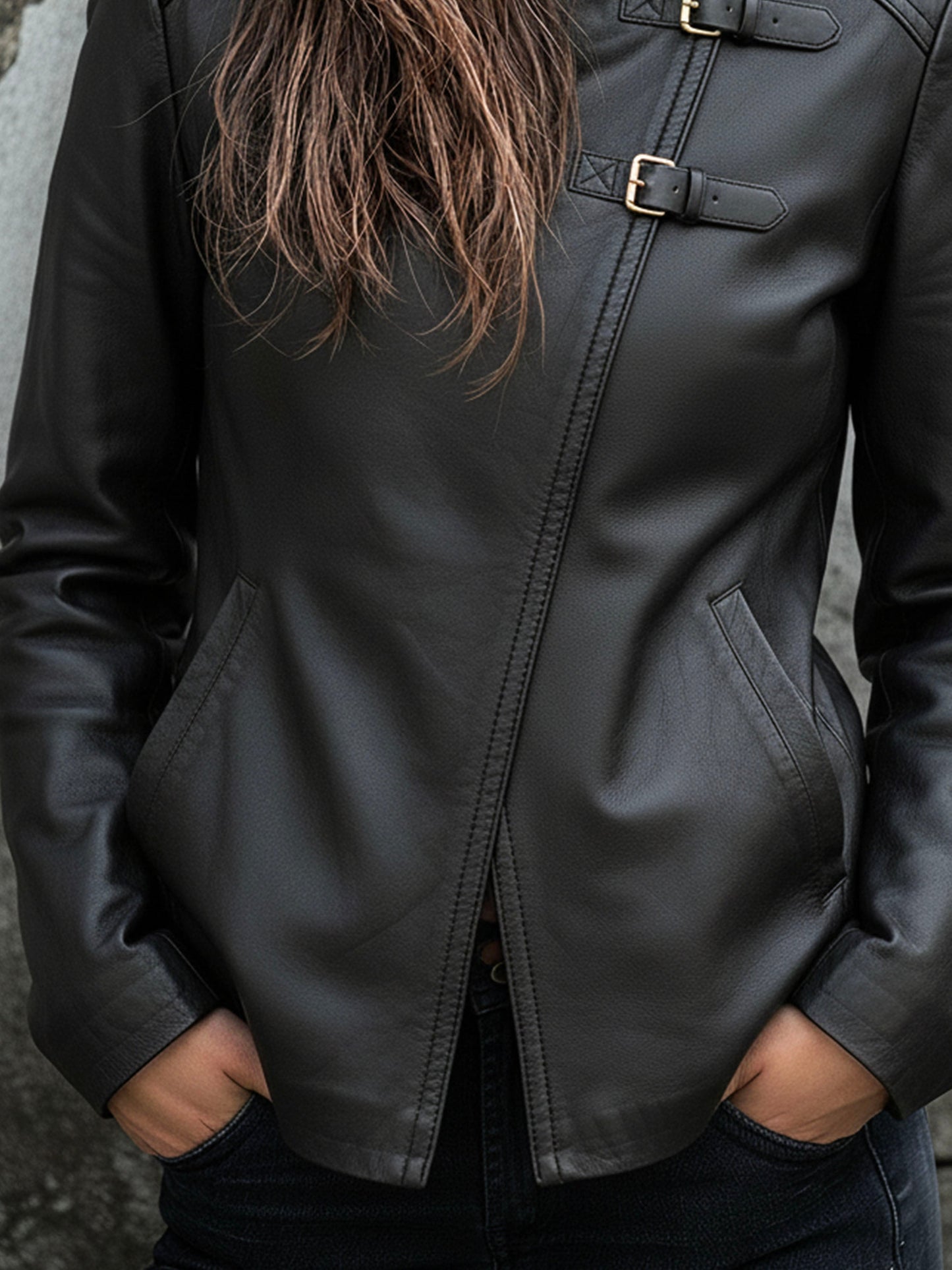 Stylish Black Asymmetric Buckle Eco Leather Moto Jacket