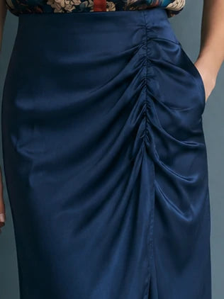Navy Satin Ruched Front-Slit Midi Skirt