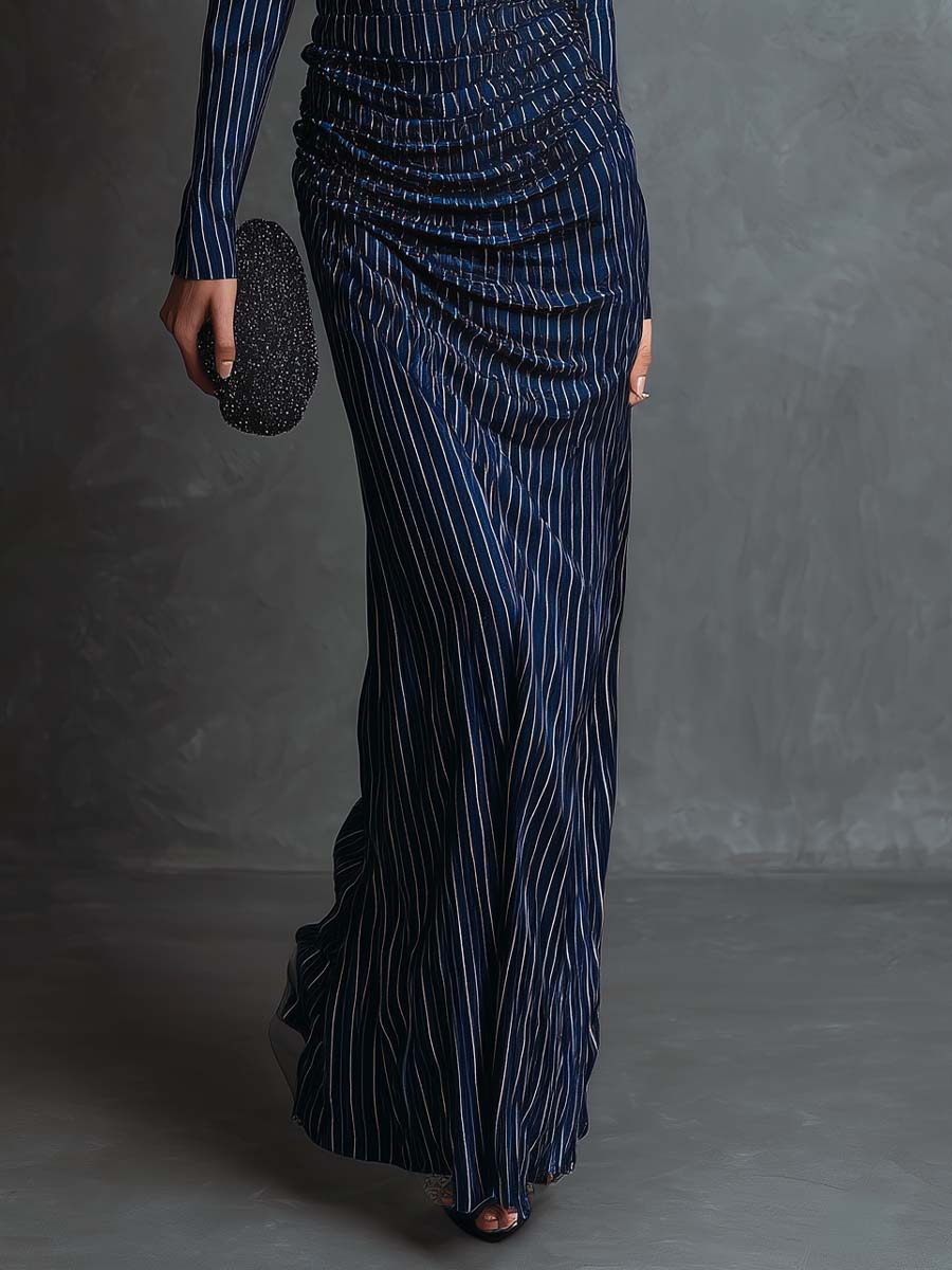 Square-Neck Pinstripe Ruched Satin Maxi Dress