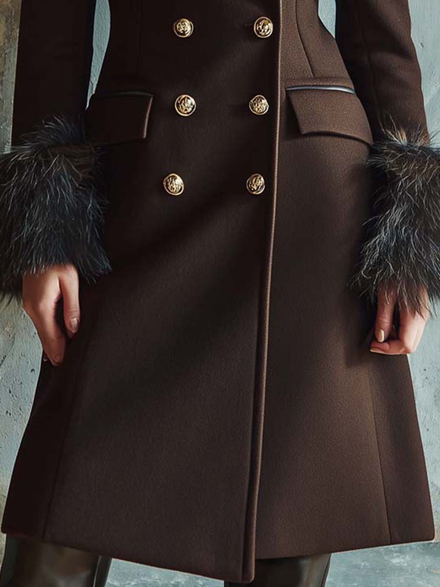 Espresso Brown Wool Blend Long Coat With Faux Fur Collar
