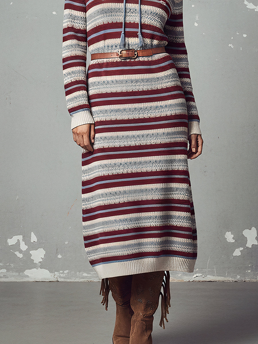 Bohemian Desert Rhythm Lace-Up Polo Knit Midi Dress