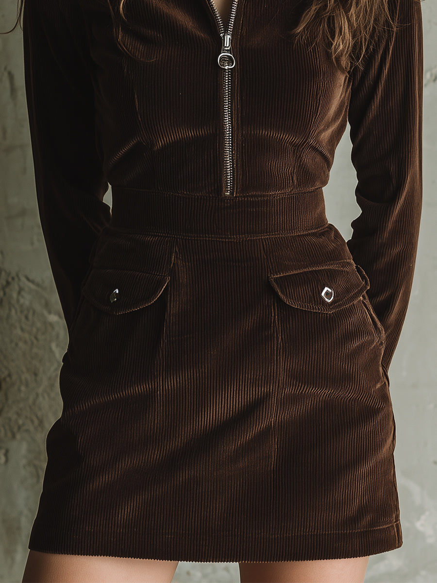 Retro Corduroy Half-zip Flap Pocket Mini Dress