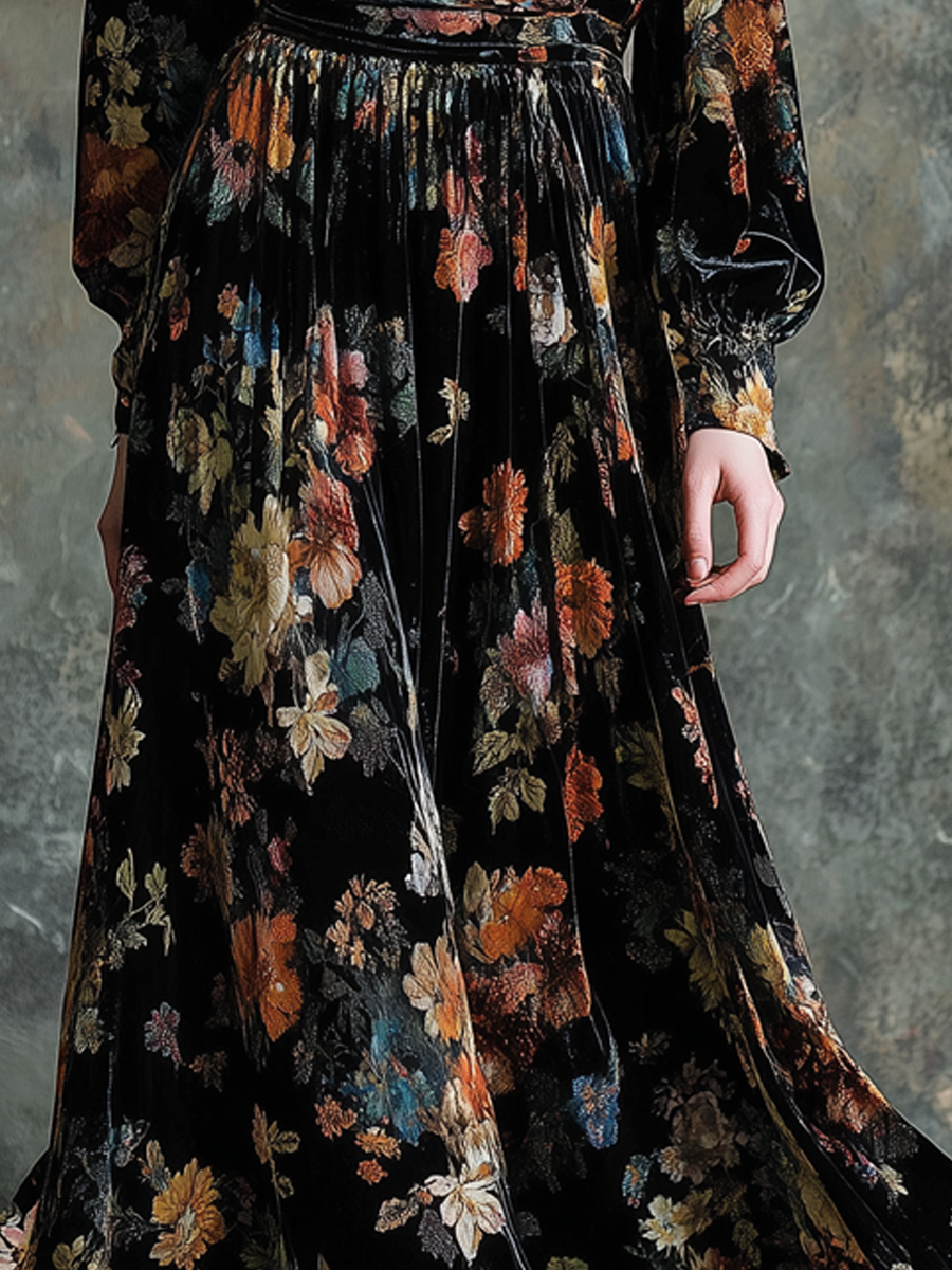 Retro Floral Round V Neck Velvet Midi Dress
