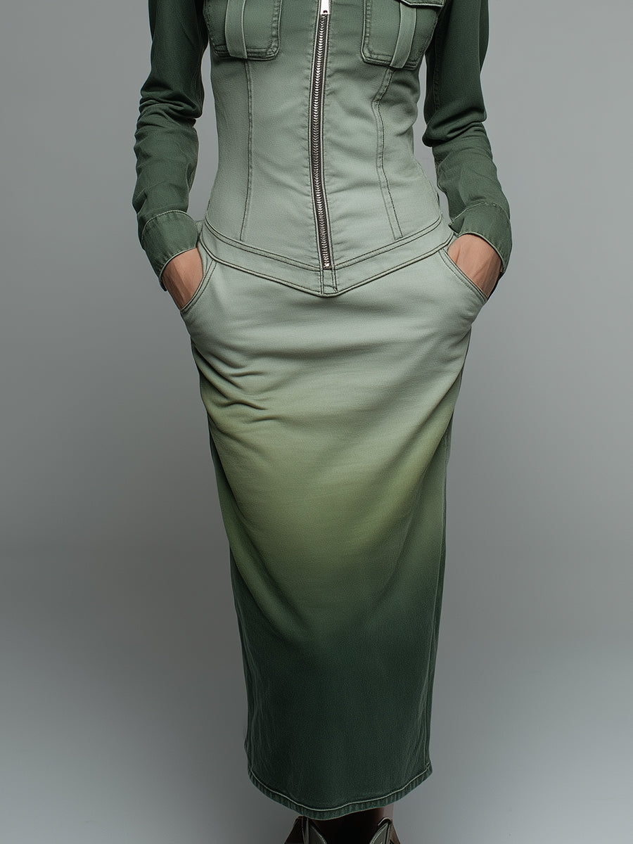 Retro Denim Gradient Washed Front Zipper Midi Dress