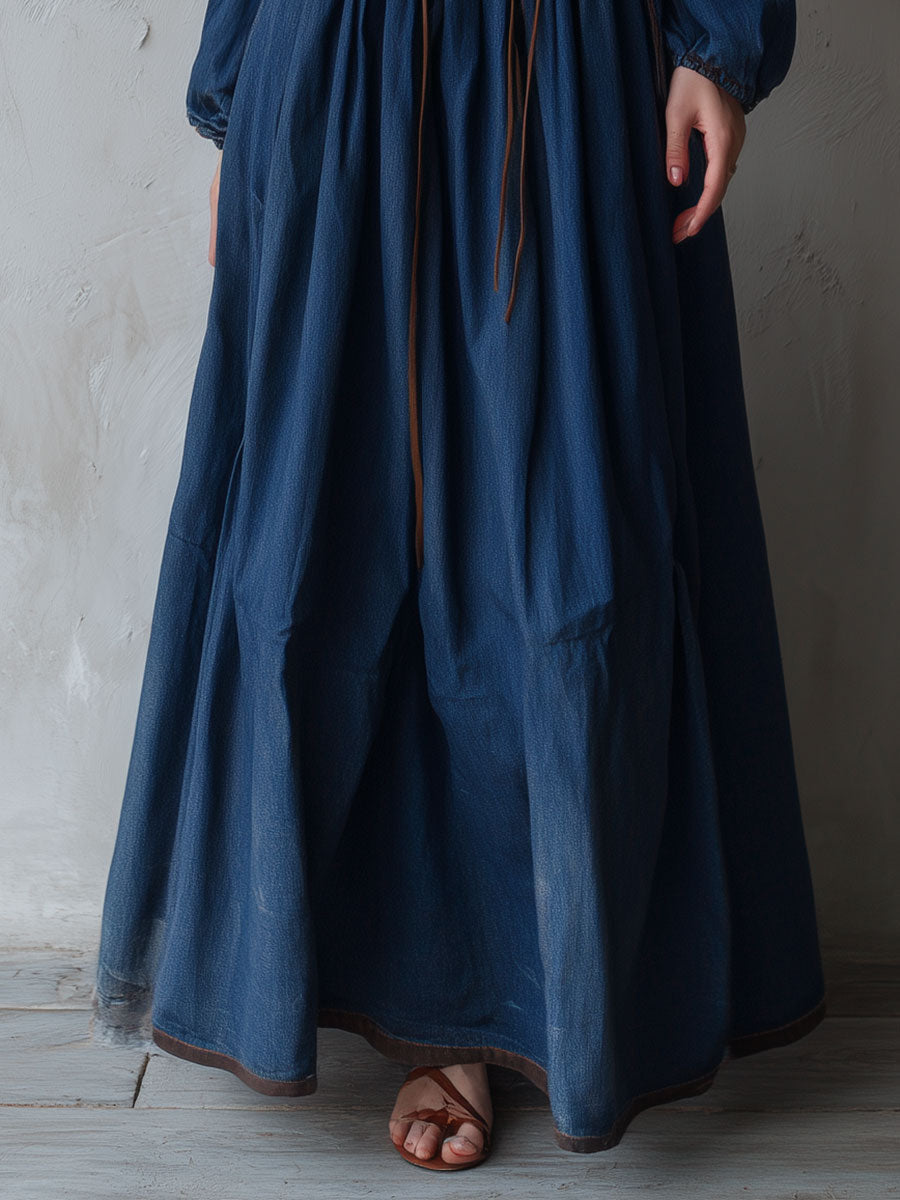 Retro Puff Sleeve Denim Lace Up Maxi Dress