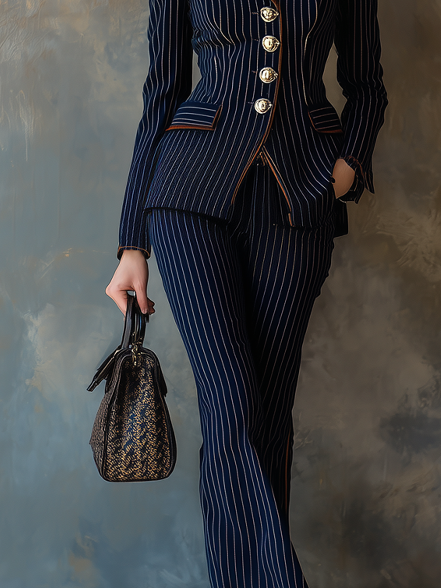 Retro Contrast Trim Striped Suit Matching Set