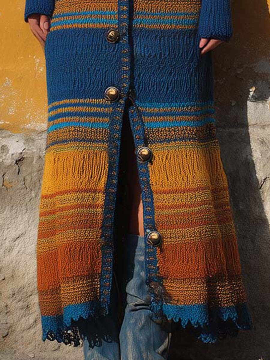 Retro Bohemian Sunset Tone Button-Down Long Sleeve Knit Dress