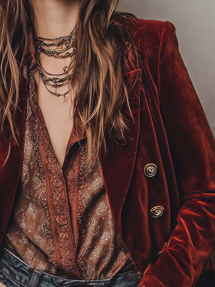 Retro Burnt Red Velvet Fitted Blazer