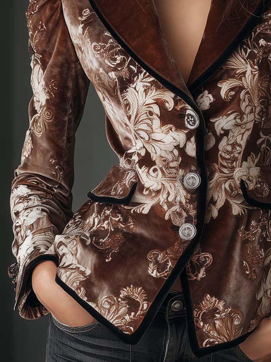 Mocha Cream Baroque Print Polyester Velvet Blazer