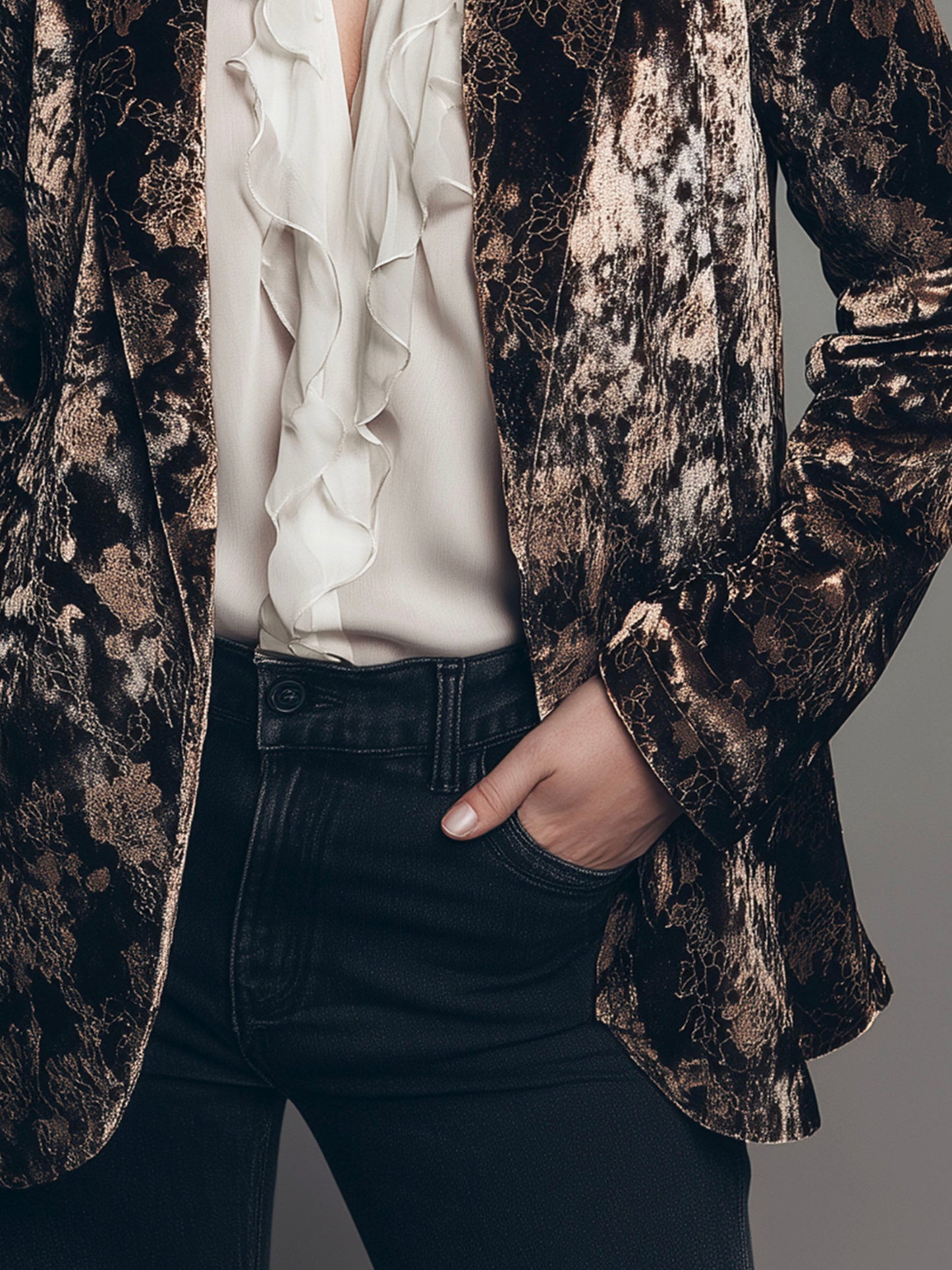 Vintage Luxe Metallic Printed Velvet Floral Blazer