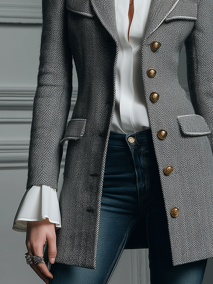 Classic Grey Houndstooth Wool Long Coat
