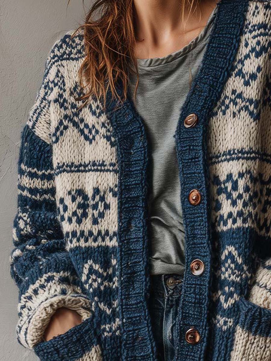 Retro Colorblock Chunky Knit Cardigan