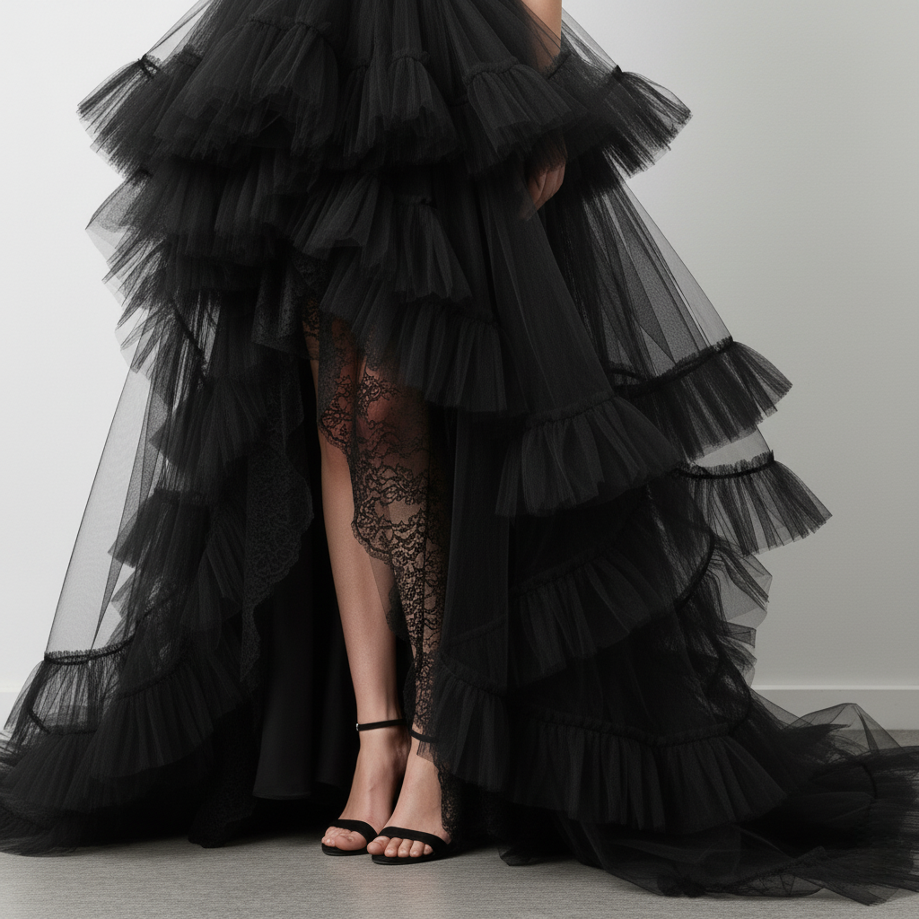 Elegant Black Tiered Ruffle High-Low Gown