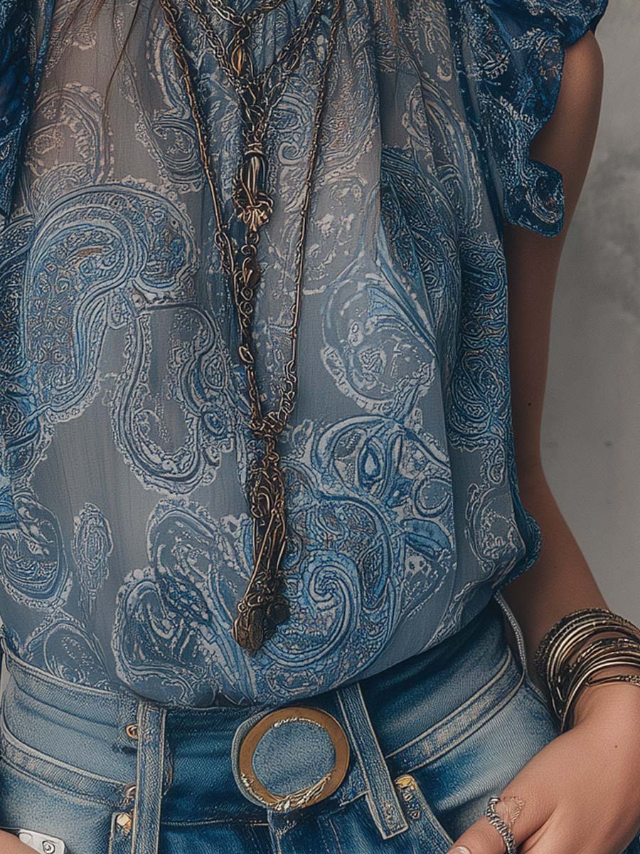 Vintage Pleated Neck Flutter Sleeves Paisley Chiffon Tank Top