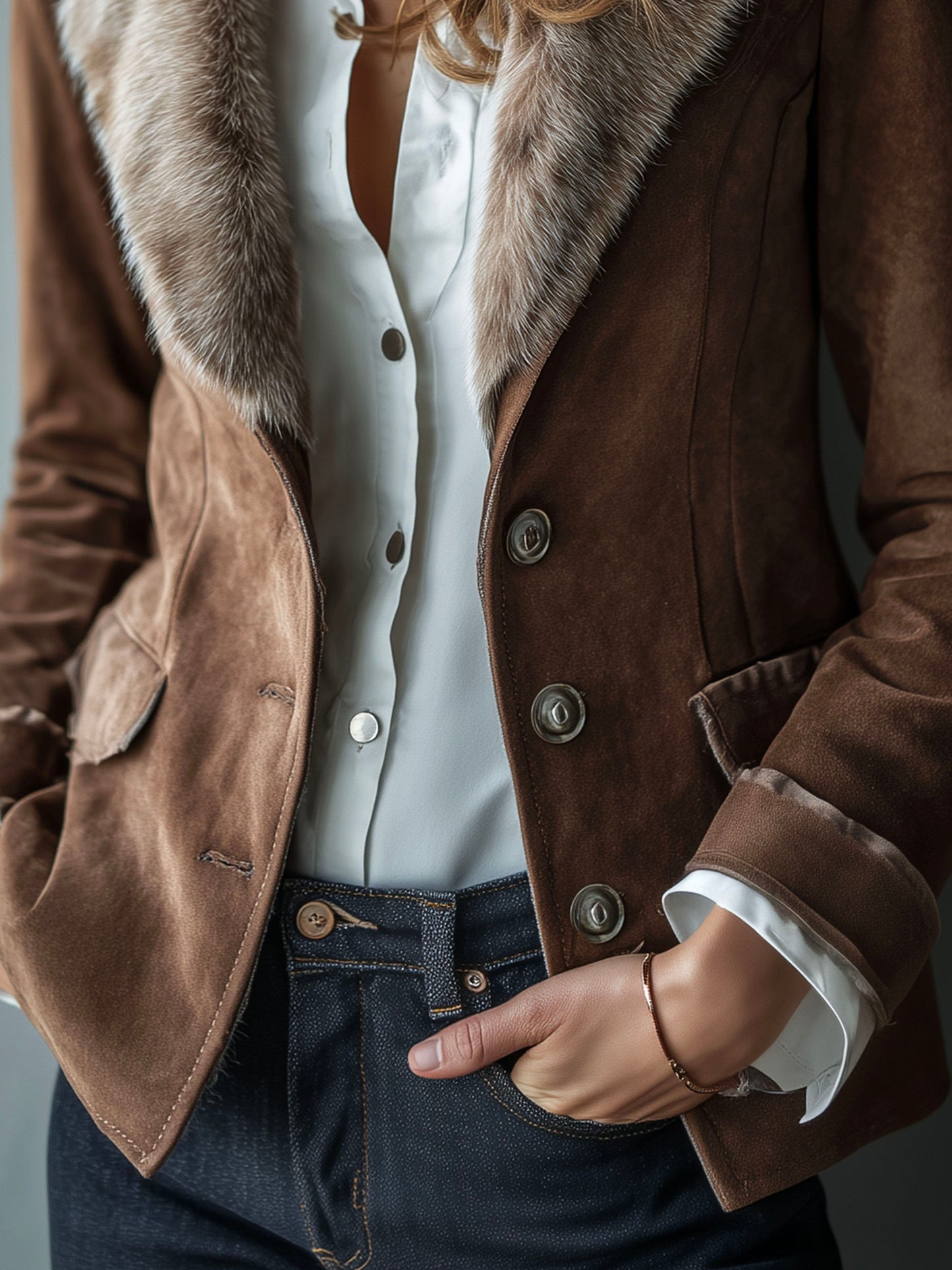 Vintage Brown Microsuede Eco Fur Collar Blazer
