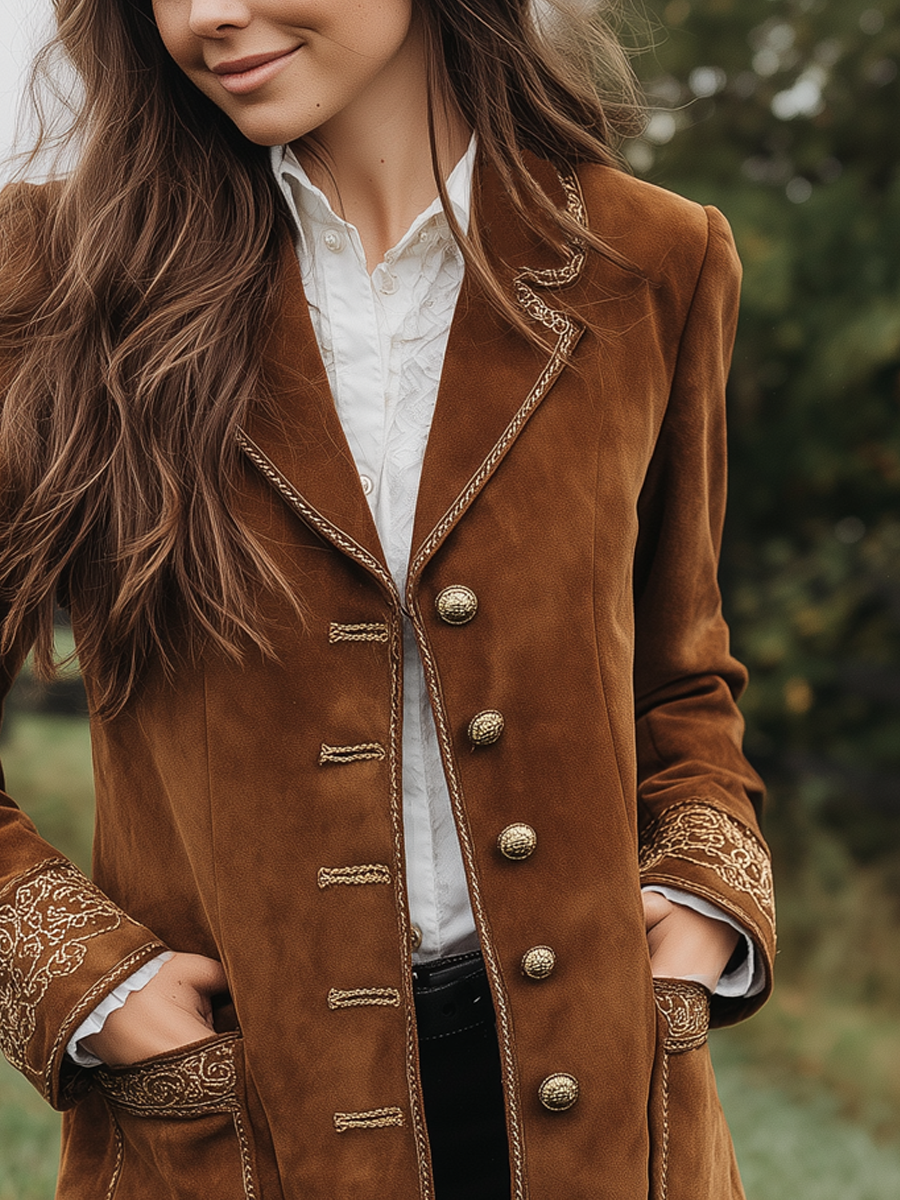Retro Embroidered Cuffs Eco-friendly Suede Coat