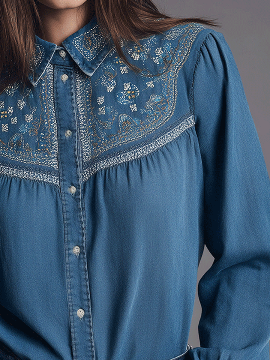 Western Denim Blue Folk Floral Embroidered Shirt