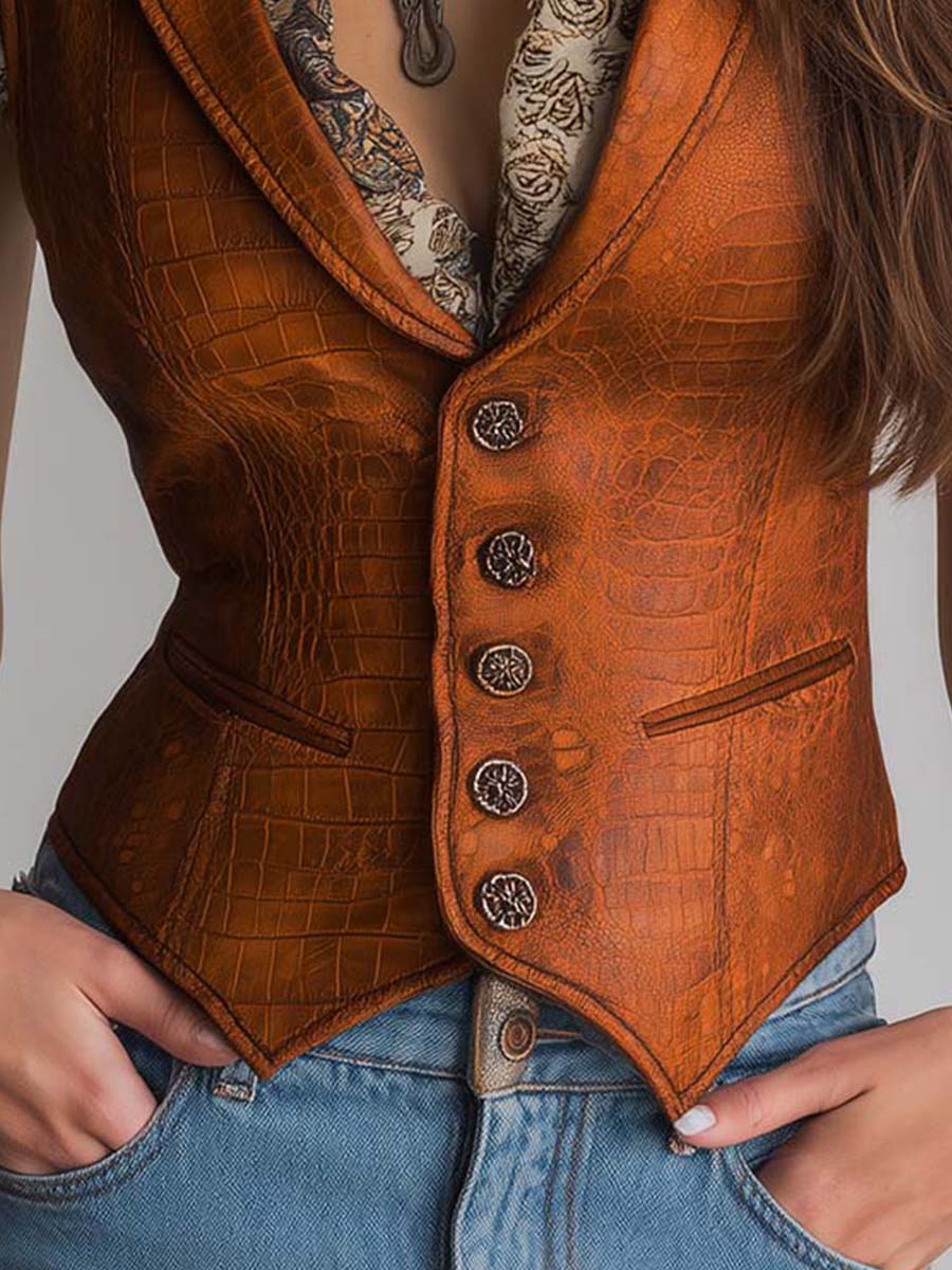 Retro Caramel Croc-Embossed Eco-Leather Vintage Vest