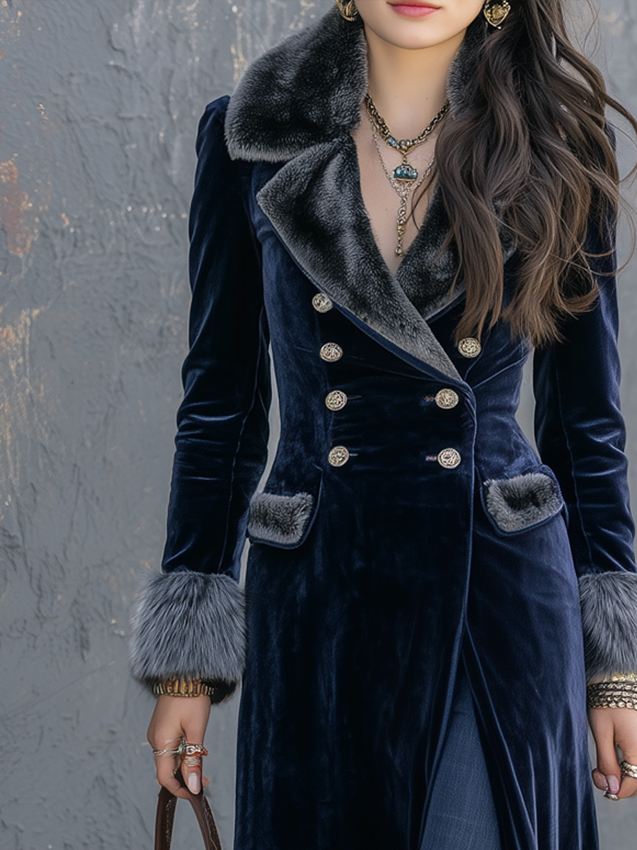 Retro Eco-friendly Fur Collar Velvet Coat