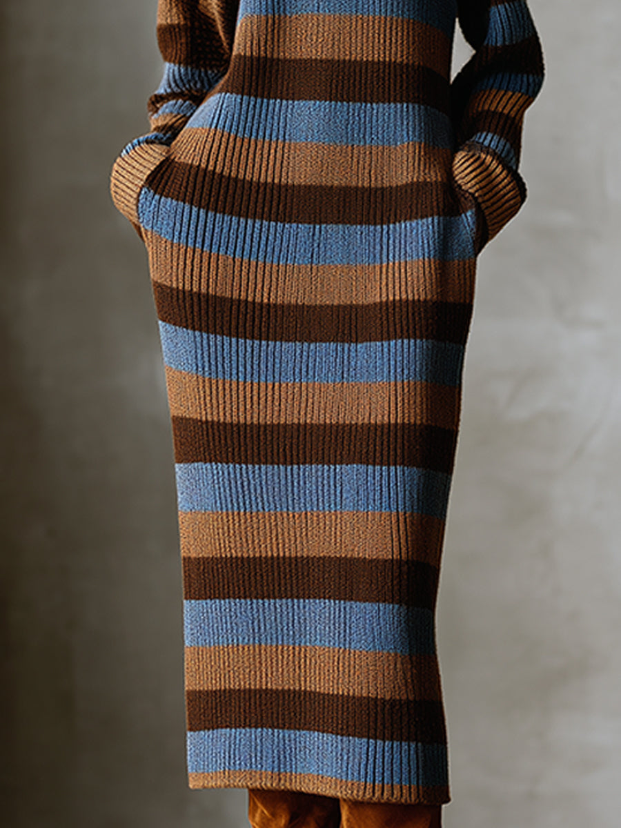 Artisan Horizon Earthy Stripes Ribbed Knit Midi Dress