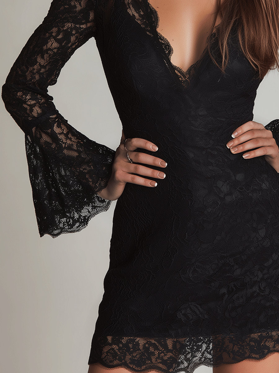 Romantic Gothic Elegance Black Lace Boho Mini Dress