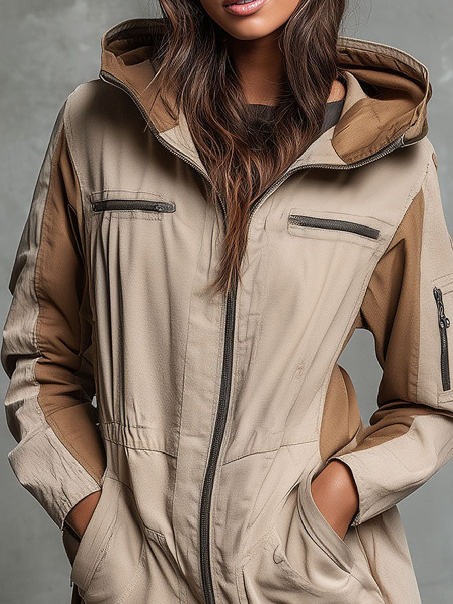 Khaki & Brown Utility Hooded Cargo Parka Jacket With Multipel Pockets