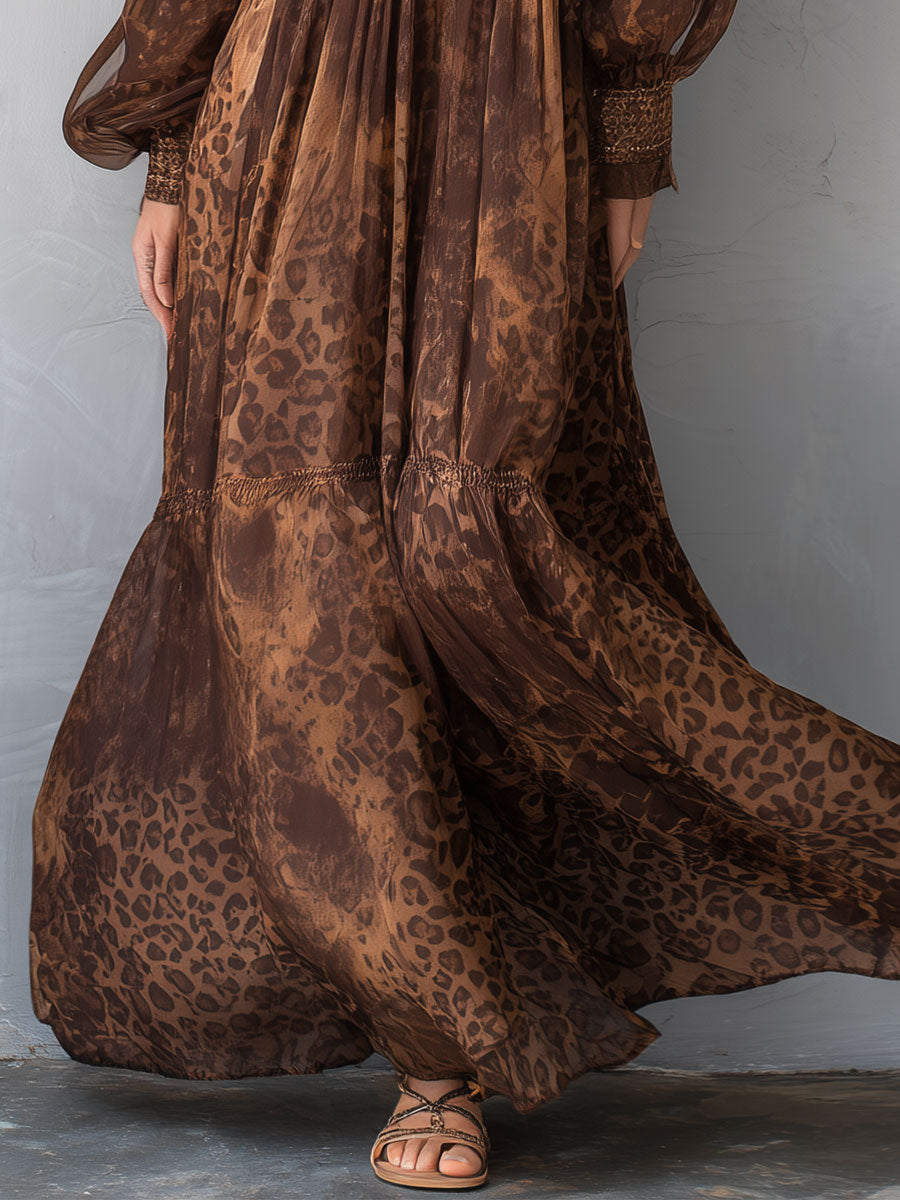 Retro Chiffon Leopard Print Lantern Sleeve Maxi Dress