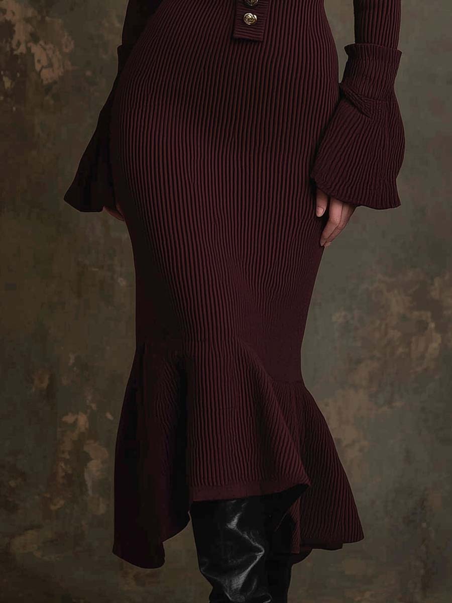 Vintage Button Detail Square Neck Knit Midi Dress