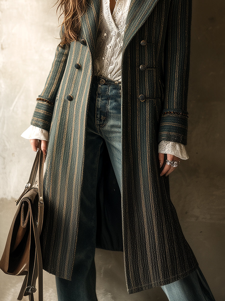 Vintage Striped Wool Double-breasted Mid-length Coat