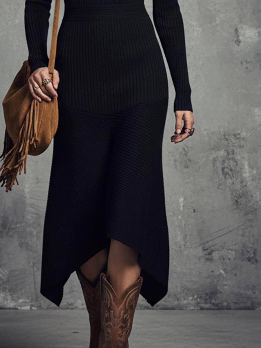 Retro High-neck Irregular Hem Knit Midi Dress
