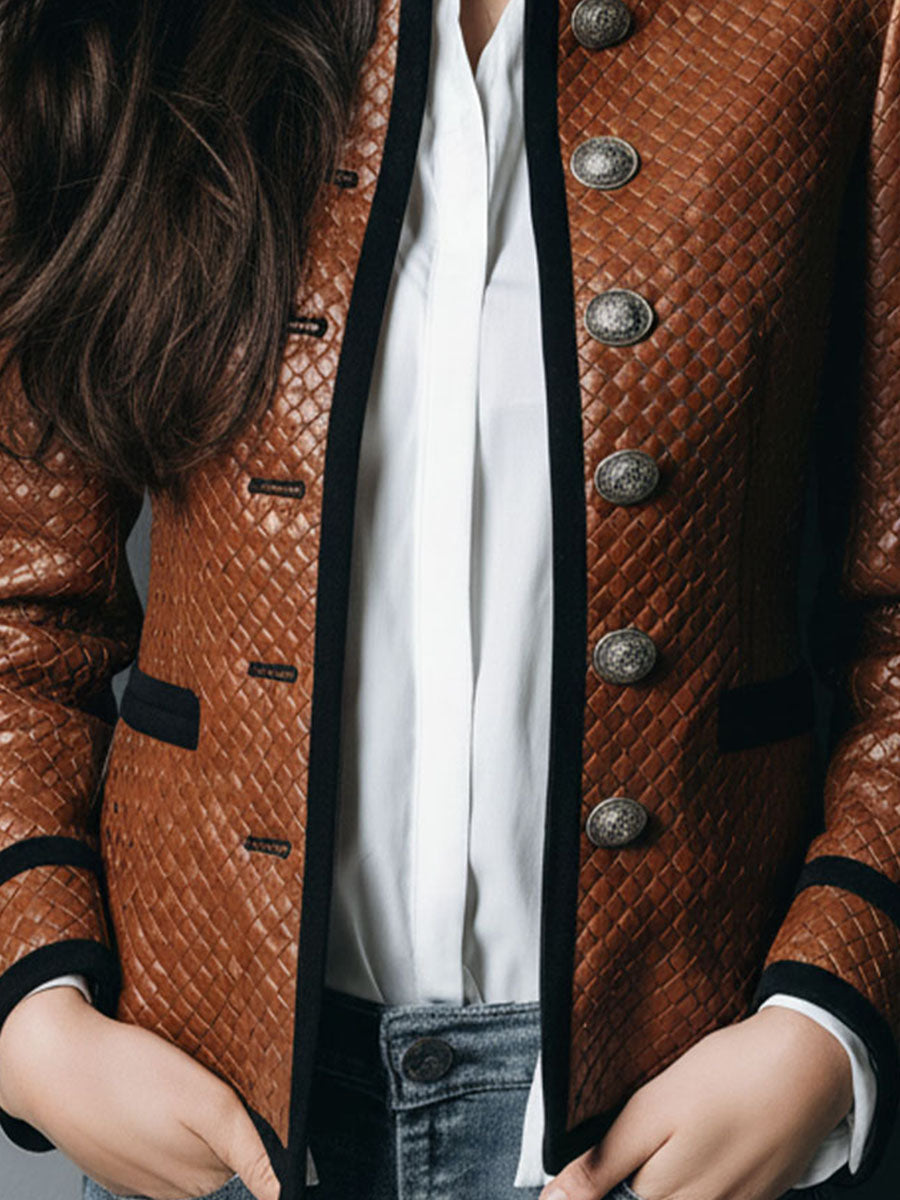 Vintage Eco Brown Woven Textured Leather Jacket