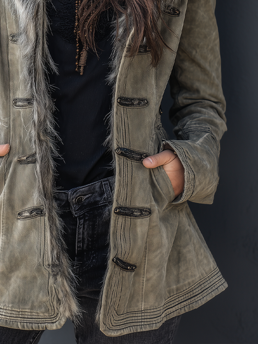 Vintage Distressed Eco-friendly Fur Collar Mid-length Coat