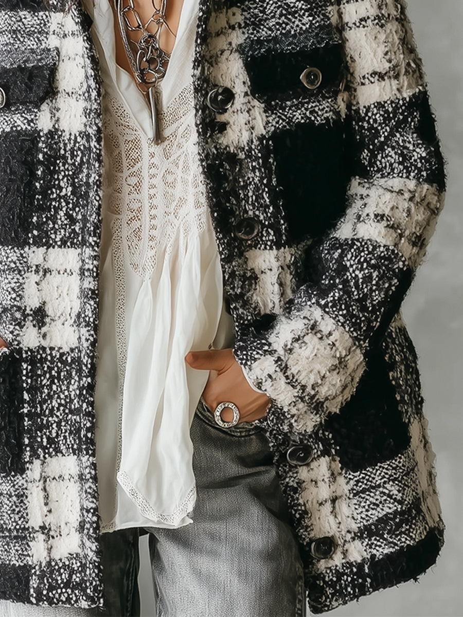 Classic Tweed Plaid Patch Pocket Straight Jacket