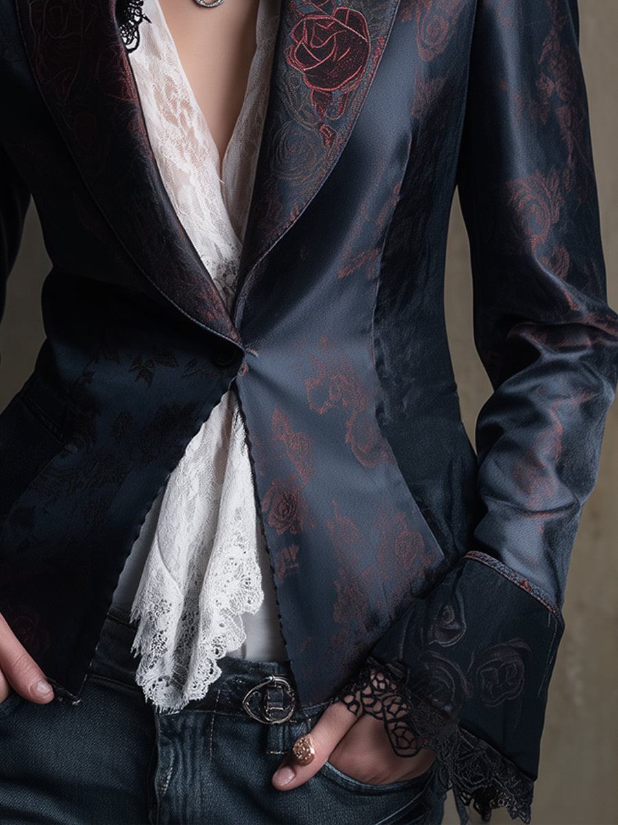 Quiet Luxury Matte Satin Printed Lace Blazer