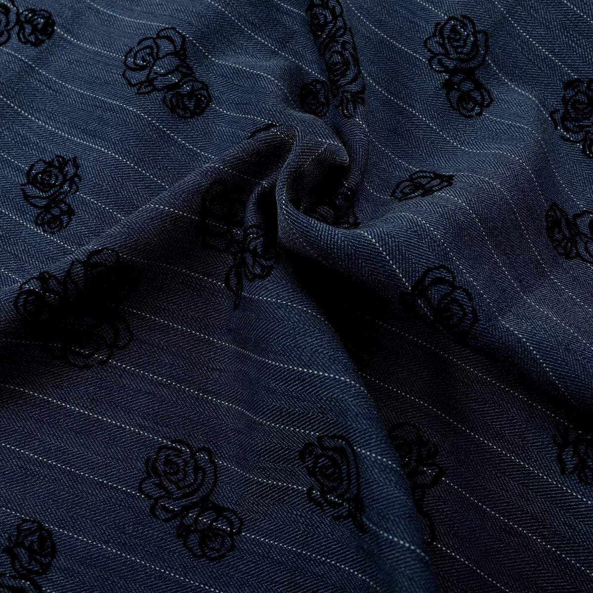 Navy Herringbone White Pinstripe Belted Midi Dress With Black Rose Flocked