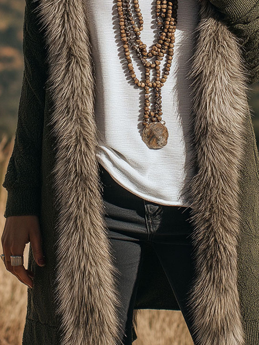 Chic Boho Hooded Eco Fur Trim Long Knit Sweater Coat