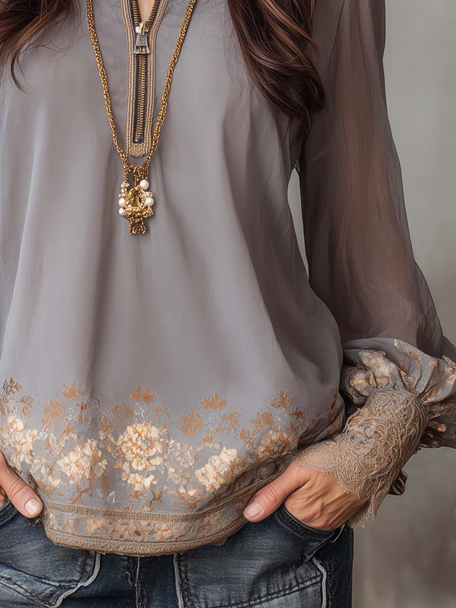 Vintage-style Zippered Collar Floral Chiffon Blouse