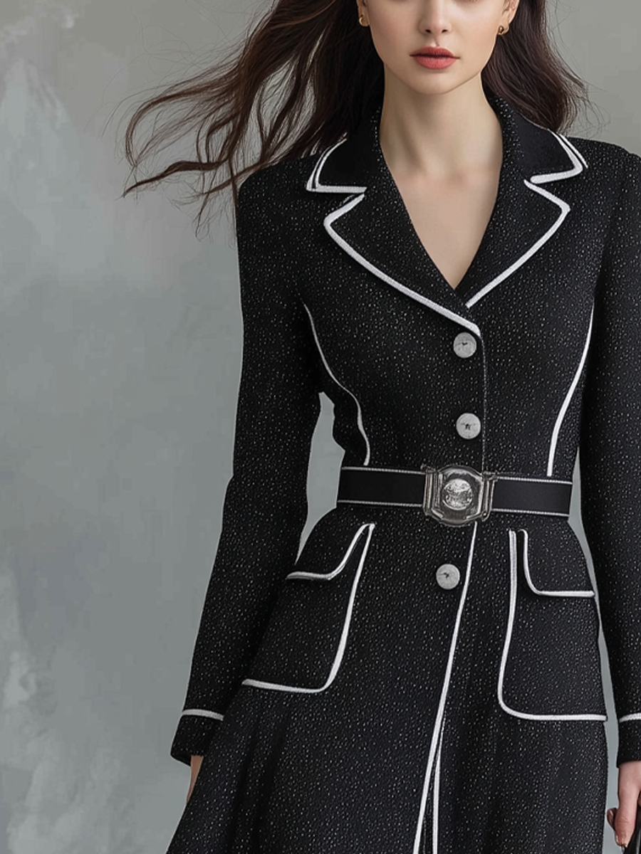 Retro Lapel Contrast Trim Knitted Midi Dress