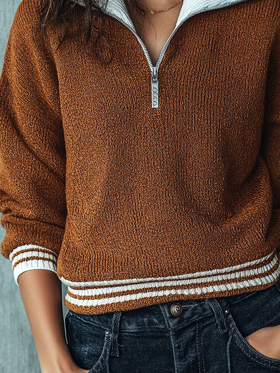 Retro Stripe Brown Half-Zip Pullover Sweater With Contrast Collar